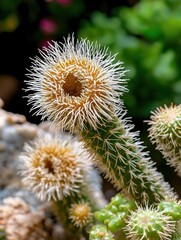 Unique close-up of a vibrant, spiky cactus blossom in bloom.