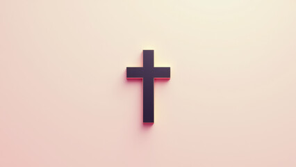 Obraz premium A minimalist Christian symbol featuring a pixelated cross with light rays emanating from below, set against a pink-toned background.