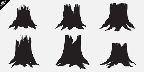 tree stump root silhouette vector collection in black on white background