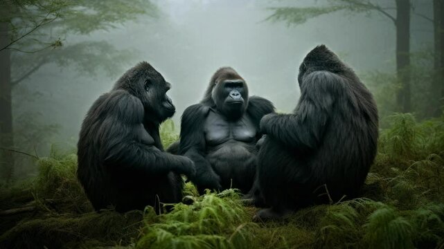 A video still of three gorillas sitting in a misty forest, captured from a low angle, highlighting their majestic presence and natural habitat.
