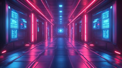 Futuristic interior with neon lights and a symmetrical corridor design