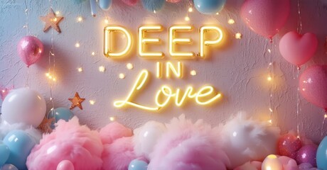 Romantic backdrop features glowing Deep in Love text. Balloons, stars, fluffy clouds create festive atmosphere. Soft pastel colors dominate scene. Perfect for celebrations.