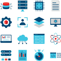 Data science illustration set. Includes of analytics, statistics, machine learning, AI, algorithm, and More. Vector flat color collection
