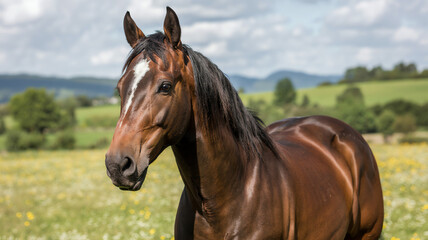 Fototapeta premium Brown horse in field with hills in background