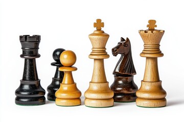 A collection of chess pieces arranged closely together on a surface isolated on white background