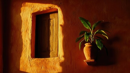 A sunlit window and potted plant against a terracotta colored wall