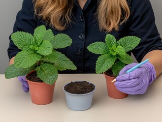 Woman tending to potted mint plants with gardening tools.