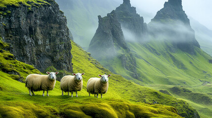 Three sheep positioned on green ground by stone outcrops, in a mist-filled Icelandic setting with mountain panoramas, mossy highlands, and fog-covered cliffs