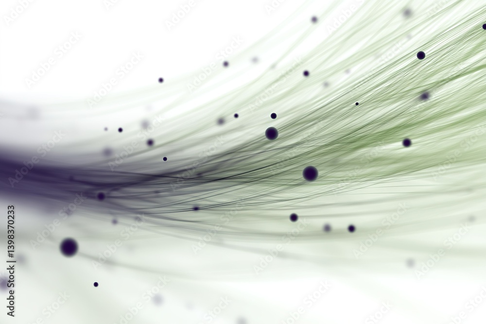 Poster abstract representation of flowing lines and particles with a calming green and purple color scheme