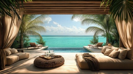 Obraz premium Tropical Beachfront Relaxation Lounge Overlooking Ocean