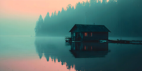 Fototapeta premium Lonely wooden cabin on a misty lake with glowing windows at sunset surrounded by pine trees