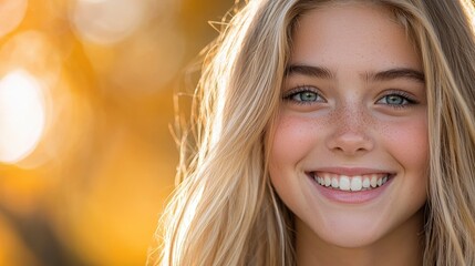 Obraz premium A young smiling woman with long blonde hair and blue eyes