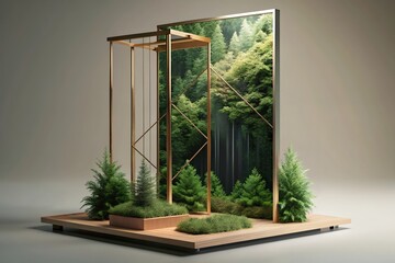 A serene forest sanctuary nestled within a minimalist golden frame, showcasing a tranquil miniature landscape with soft lighting and subtle shadows.