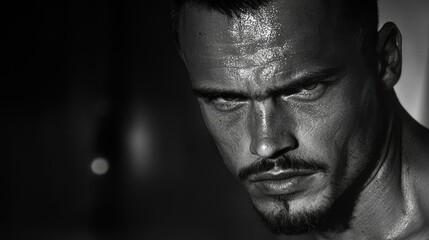 Fototapeta premium A sweaty man stares intensely in a dramatic black and white portrait