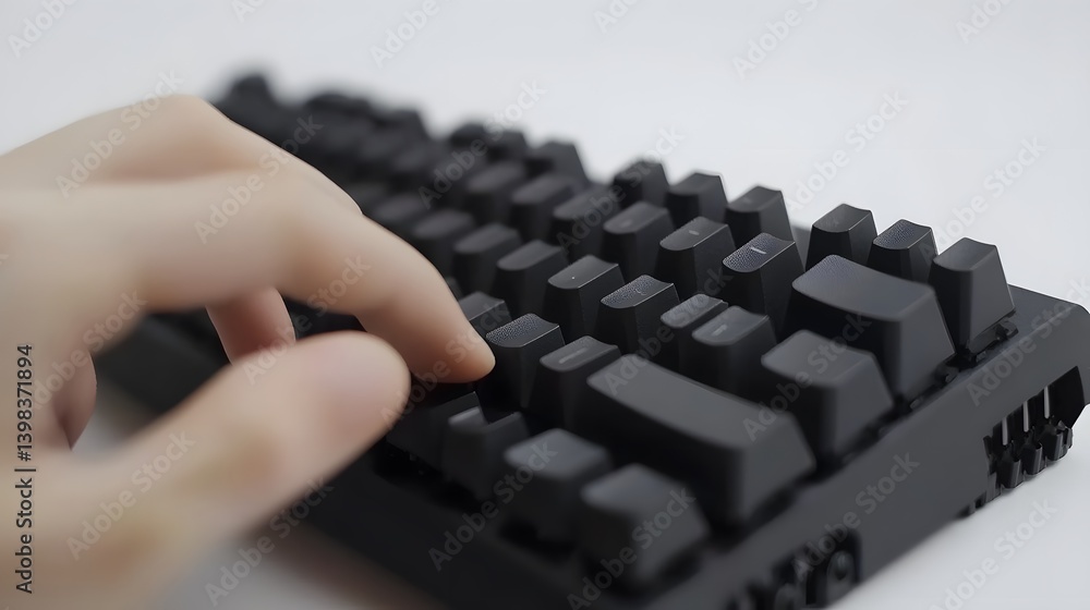 Poster close-up of a hand pressing a key on a black mechanical keyboard.