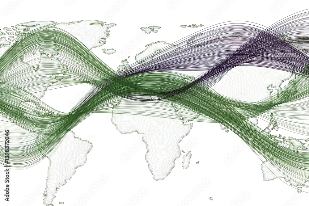 Poster global connectivity is represented through intricate flowing lines showcasing connections between co