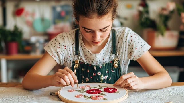 Young woman embroidering floral design cozy craft studio creative hobby indoor close-up artistry