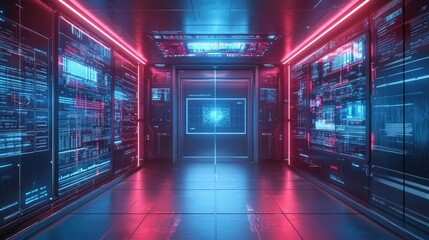 A futuristic digital data center with neon lighting and detailed interfaces