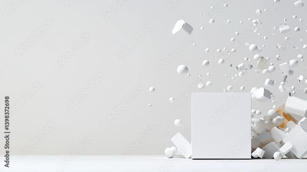 Poster dynamic cubes and spheres in motion white background abstract art minimalist style 3d perspective