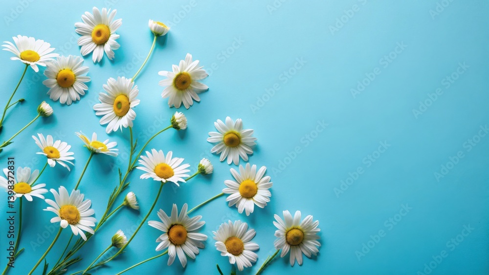 Poster a delightful arrangement of pristine daisies artfully scattered across a vibrant azure backdrop, cre