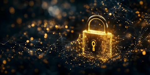 A golden padlock surrounded by glowing connections symbolizing data security on a black background