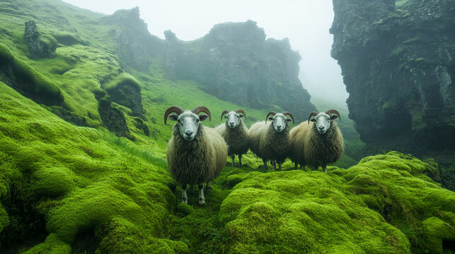 Four sheep standing on lush grass beside rugged rocks, amid a misty Icelandic terrain of green moss-coated mountains and fog-veiled cliffs