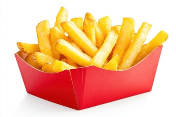 Golden fries in a red container placed on a plain white surface isolated on white background