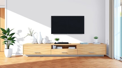 A modern living room with a light wooden entertainment center and a blank screen television.