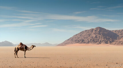 Camel In Desert Landscape With Mountains