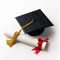 Mortarboard and diploma tied with red ribbon on a white surface isolated on white background