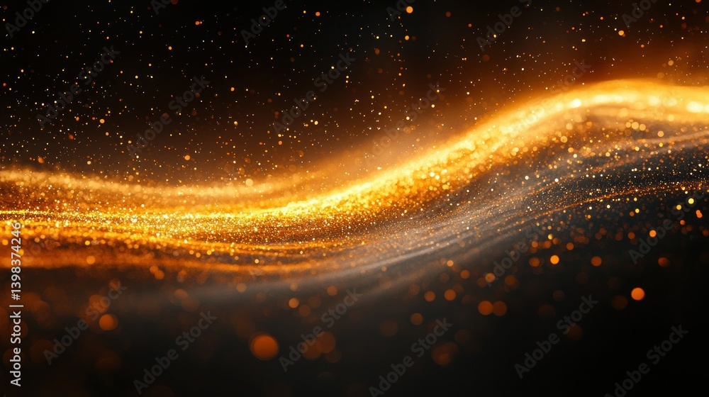 Poster golden celestial wave: a mesmerizing abstract artwork depicting a luminous wave of golden particles 