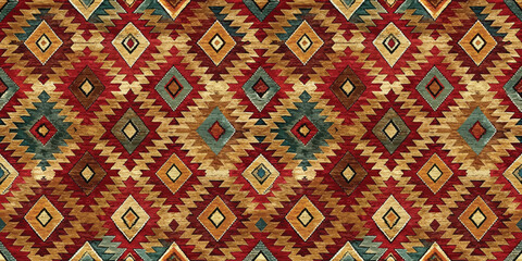 Vibrant geometric pattern in warm tones showcasing rich cultural designs.