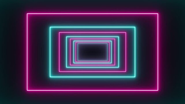 4K Neon glowing rectangle tunnel with light lines on a transparent background. Flying through a neon futuristic endless rectangle tunnel Abstract Neon square tunnel. Flying forward through rectangular