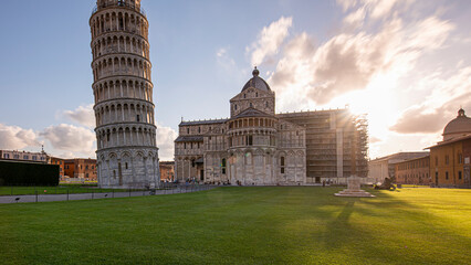 Scenic view of Piazza dei Miracoli in Pisa, Italy, with the Leaning Tower, Baptistery, and...