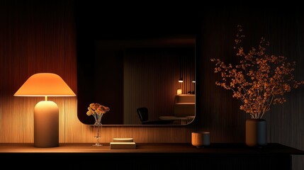 An elegantly decorated shelf featuring ambient lighting and decorative elements