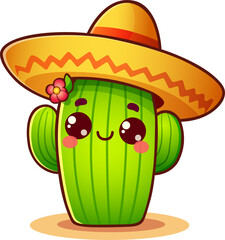 Adorable Cartoon Cactus Wearing Sombrero Hat on Transparent Background, cinco de mayo cactus png