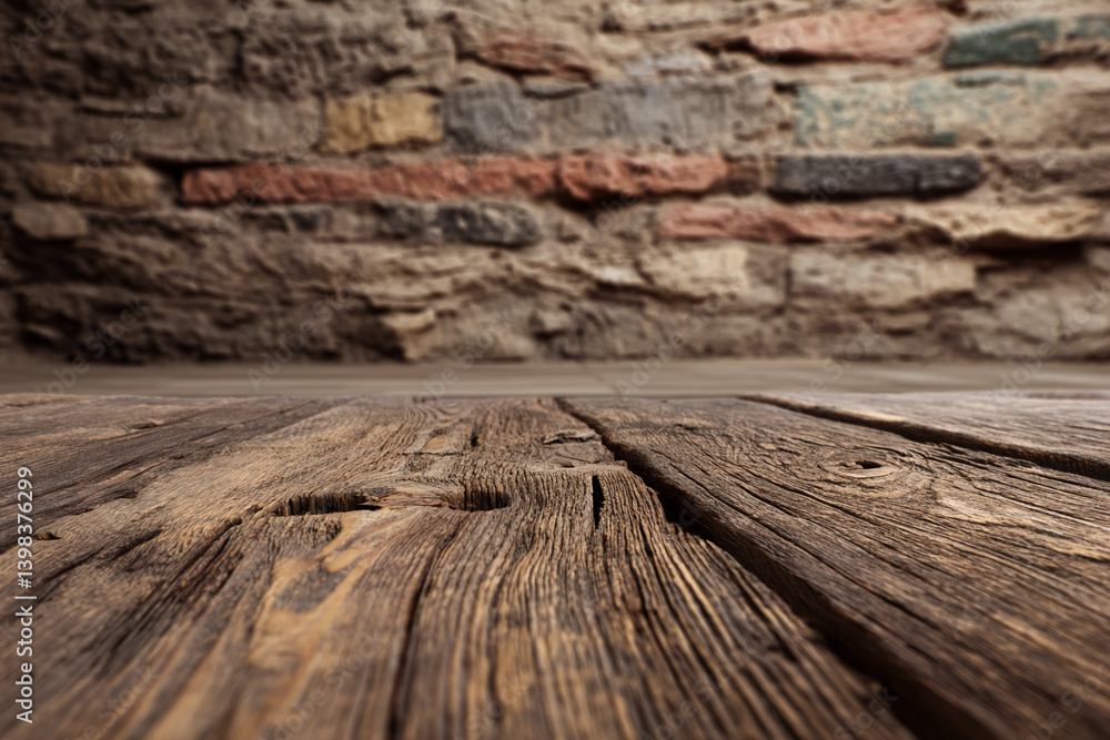 Poster close-up of brown wooden planks texture, showcasing rustic, aged surface with visible grain and knot