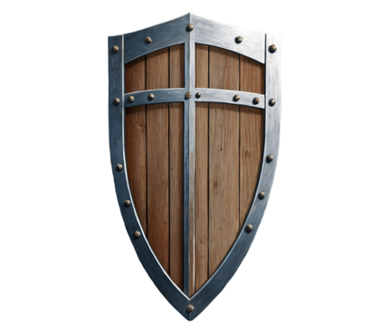 Illustration of a Vintage Wooden Tower Shield with Metal Reinforcement, Symbolizing Defense, Protection, and Historical Warfare in a Fantasy Setting