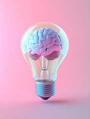 a light bulb with a brain inside on a pastel background, a concept of artificial intelligence and creativity in business technology idea.
