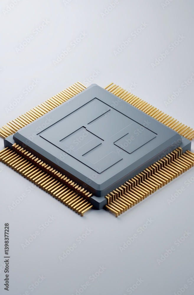 Poster high-angle close-up of a modern computer microchip with gold pins