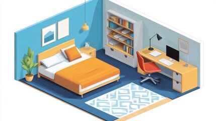 A 3D isometric view of a bedroom with a bed, desk, chair, bookcase, and a rug.