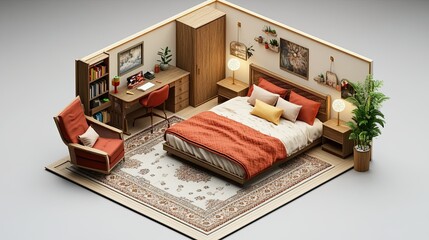 A 3D isometric view of a bedroom with a bed, desk, chair, bookcase, and a rug.