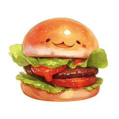 Cheerful burger with smiling lettuce and tomato food art bright colors whimsical concept