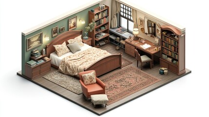 A 3D isometric view of a bedroom with a bed, desk, chair, bookcase, and a rug.