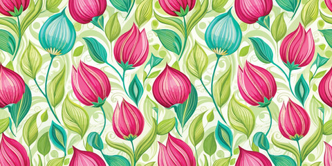 Vibrant floral pattern featuring pink and teal flowers with lush green leaves.