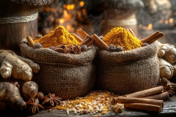 Rustic spice display with turmeric and other herbs