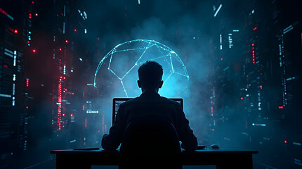 A lone hacker sits in a dark, futuristic room, illuminated by glowing red and blue lights from a high-tech interface. Surrounded by cascading code and digital overlays, the figure works intensely 