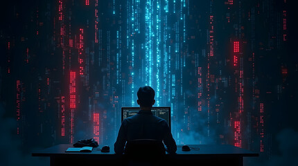 A lone hacker sits in a dark, futuristic room, illuminated by glowing red and blue lights from a high-tech interface. Surrounded by cascading code and digital overlays, the figure works intensely 