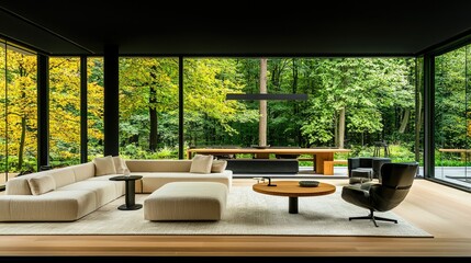 Fototapeta premium Modern living room with expansive windows and beautiful forest view