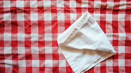 Obraz premium A clean napkin on a red and white checkered tablecloth, ready for a meal.